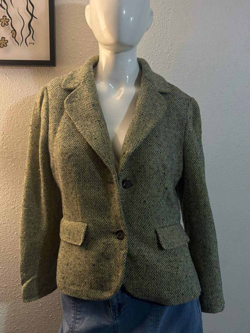 Textured Olive Green Tweed Blazer Jacket